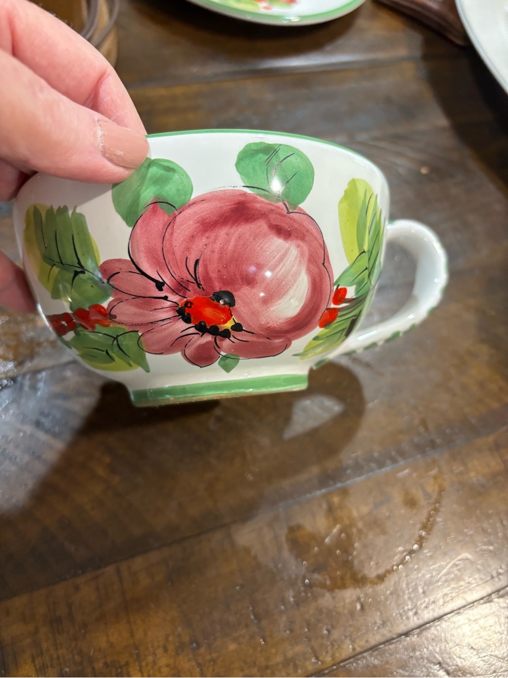 Italian Hand-Painted Floral Teacup or soup bowl striped Handle